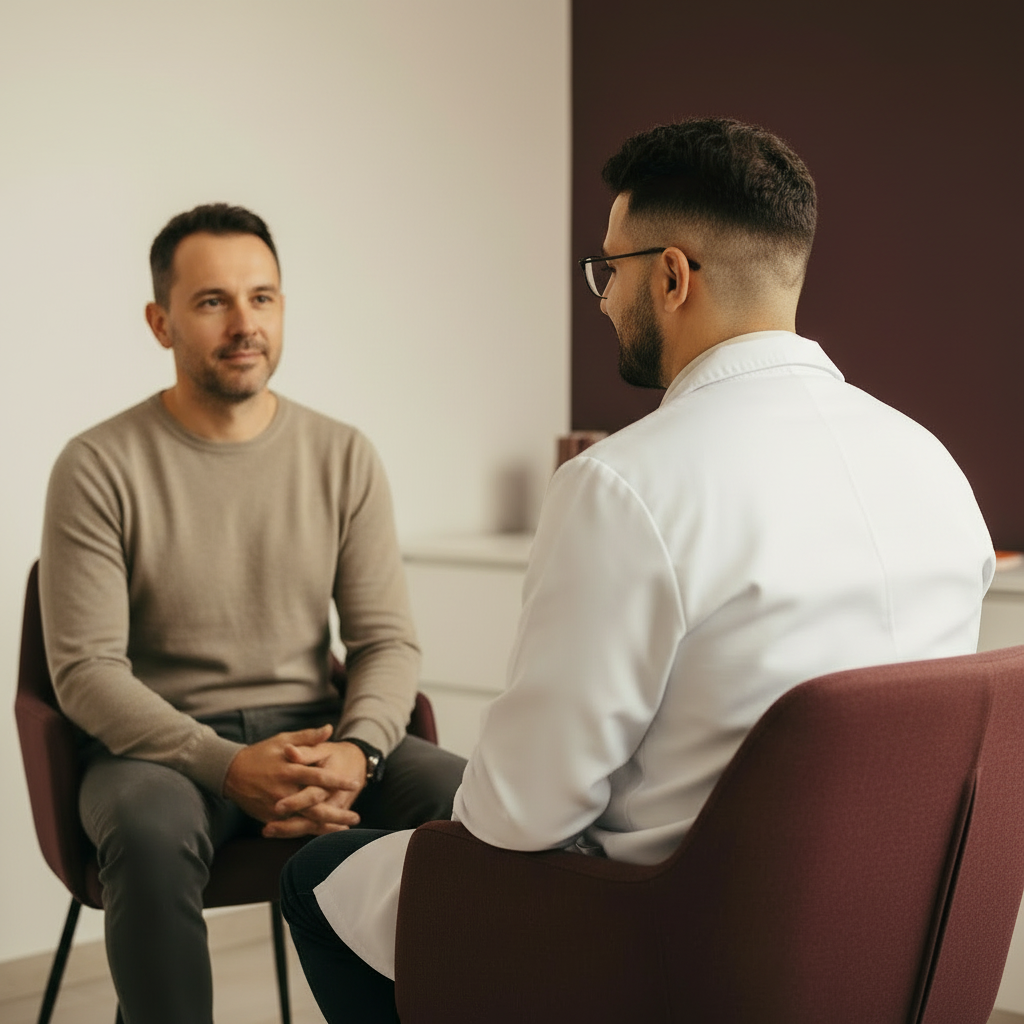Consulta de acolhimento para tratamento de dependência química, médico e paciente em conversa