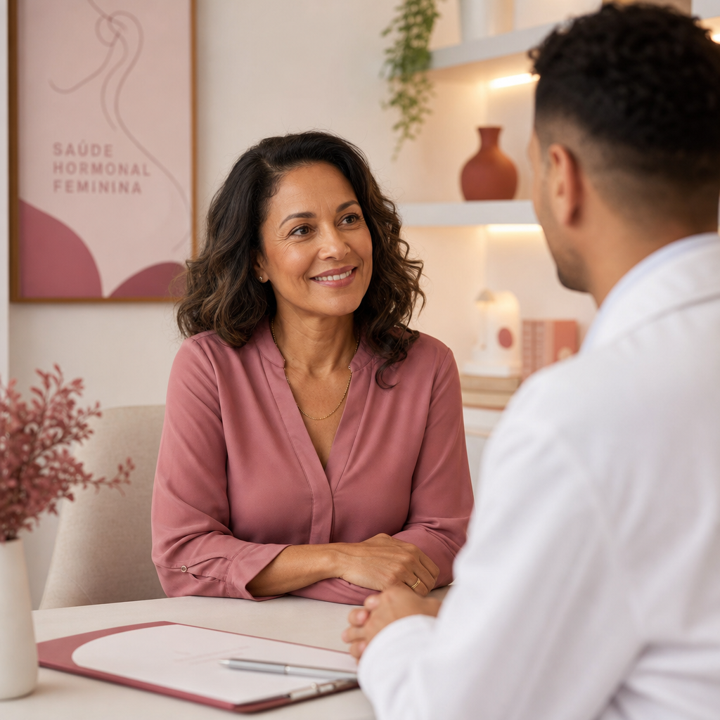 Consulta de reposição hormonal feminina, médico e paciente em conversa acolhedora